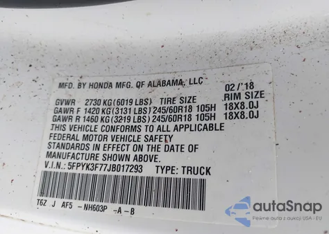 2018 Honda Ridgeline Rtl from USA, damaged, VIN 5FPYK3F77JB017293